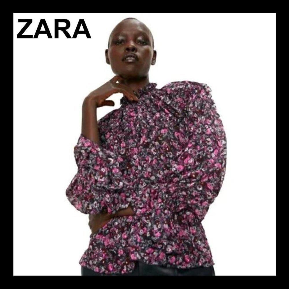 NWOT ZARA black floral ruffle swiss dot mock neck blouse